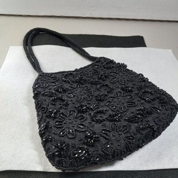 Cache Black Beaded Evening Bag Shoulder or Wristlet Cottagecore Wedding Prom - Picture 1 of 9